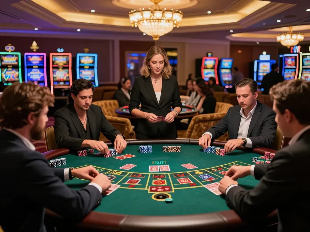 3Win players strategizing at a lively baccarat table in a luxurious casino environment.