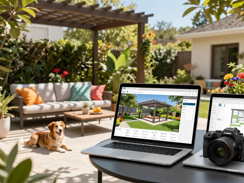 Interactive pergola configurator software displayed on a tablet, showcasing a vibrant outdoor patio design with colorful cushions and surrounding plants.