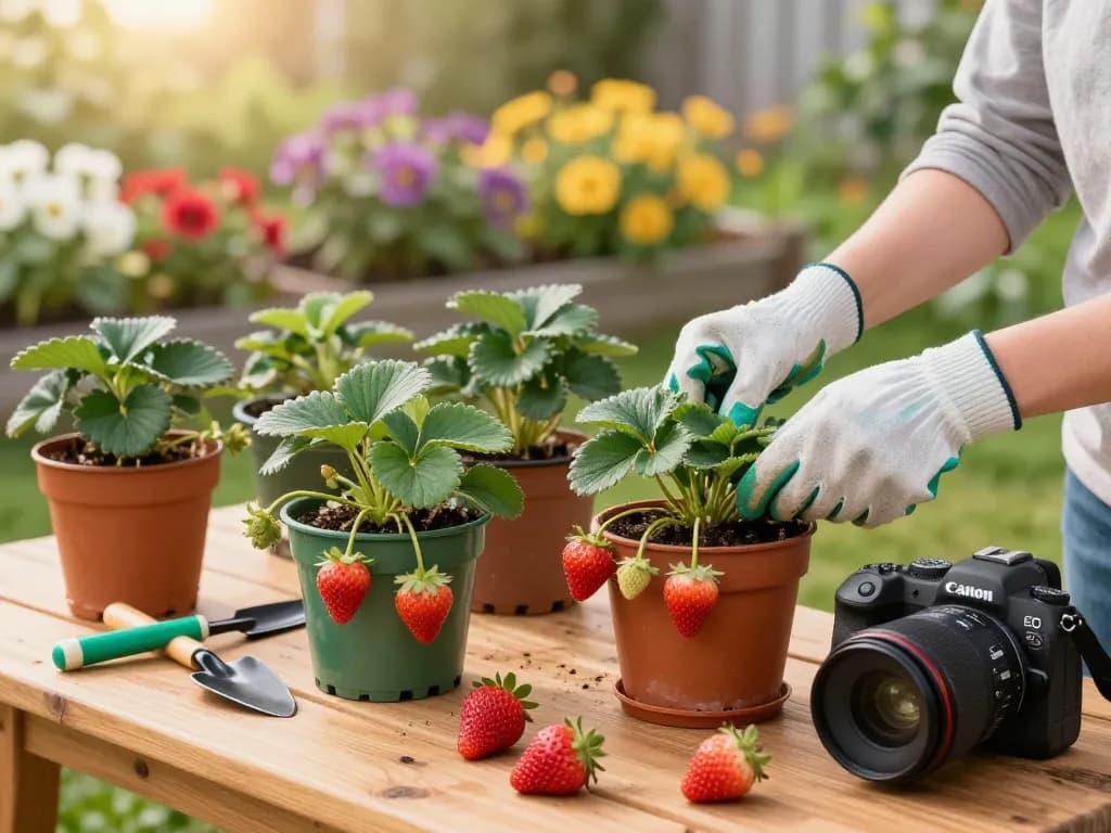 A person tending to aardbeienplanten kopen in a lush home garden filled with colorful flowers.