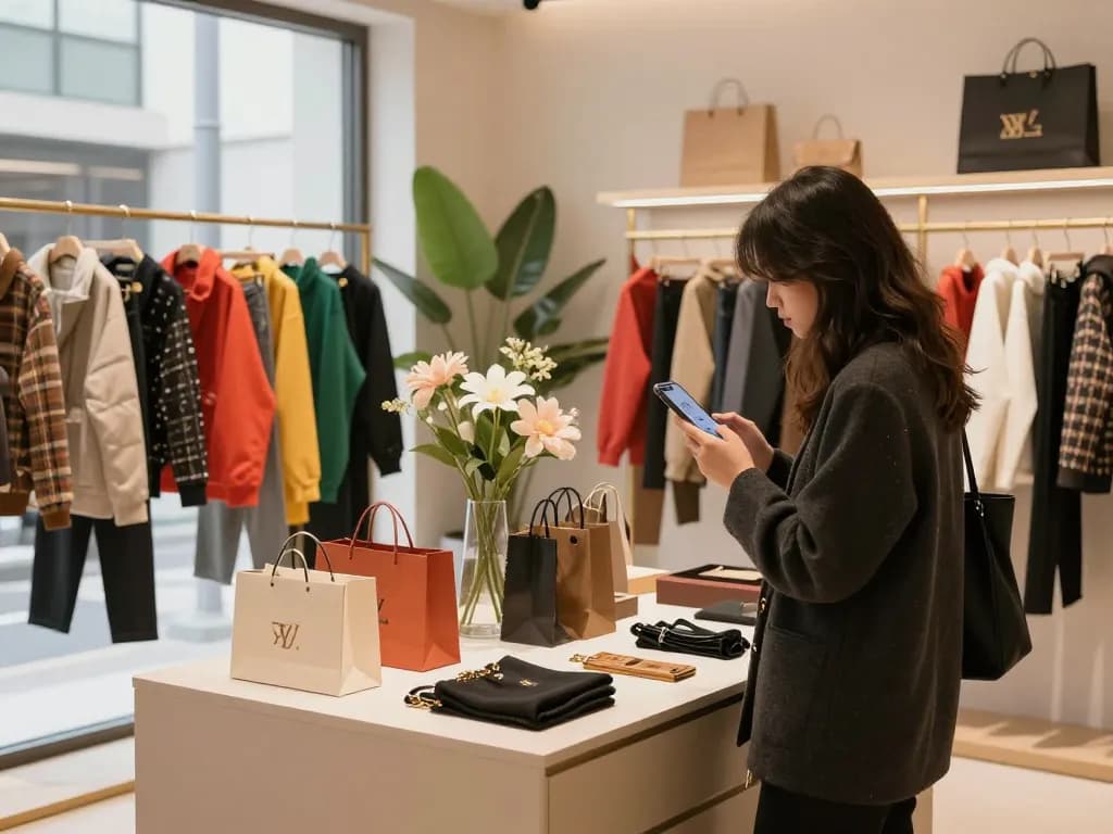 Stylish shopper exploring 레플리카 사이트 replicas in a modern boutique environment.