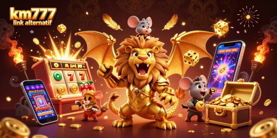 Engage with km777 link alternatif where a triumphant chimera and mouse jockey celebrate casino victory amid jackpot explosions.