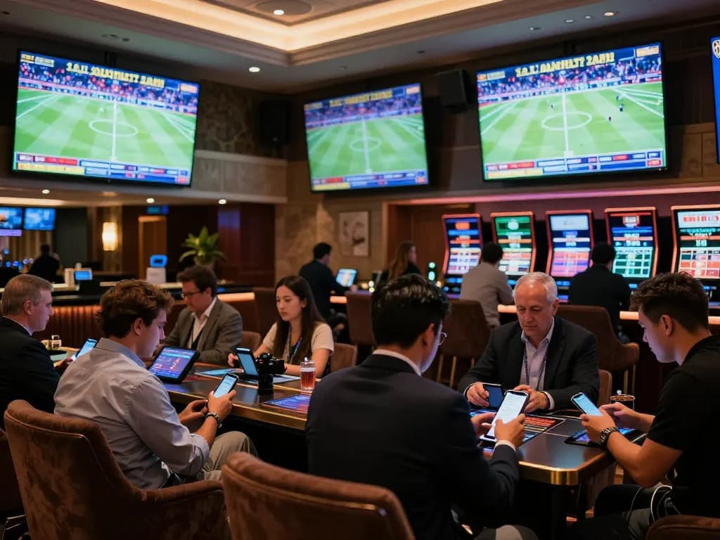 Interactive sports betting experience at Ok9 with engaged patrons using mobile devices.