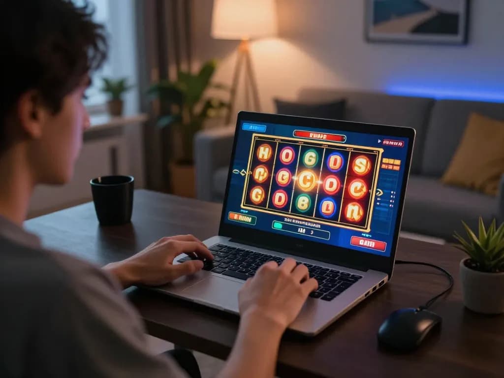 Engage with demo slot games on a laptop in a cozy home setting, showcasing online gaming excitement.
