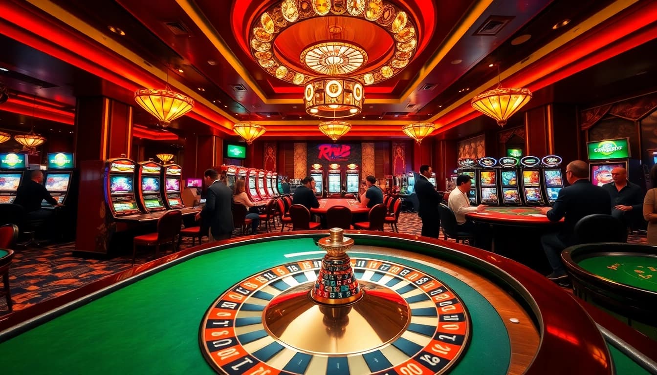Players enjoying exciting games at RR88 casino with vibrant slot machines and poker tables.