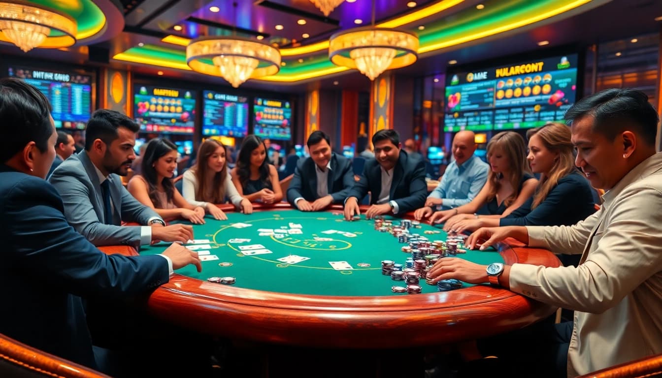 Pemain poker online terlibat dalam permainan mendebarkan dikelilingi oleh chip poker yang berwarna-warni dan kartu.