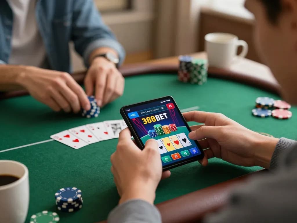 Engaging player interacting with the 388bet casino app on a mobile device in a cozy home setting.