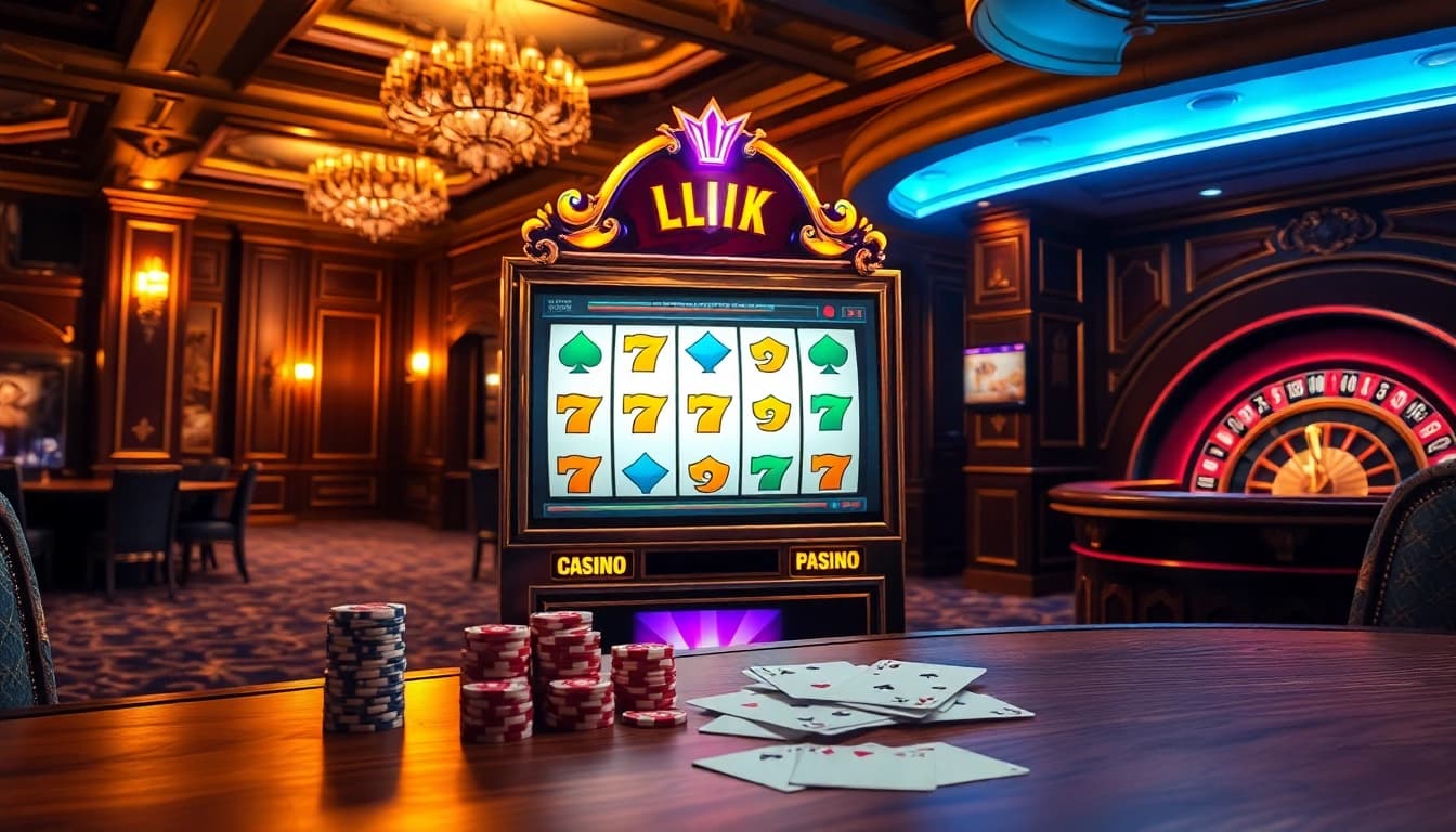 Playing a pragmatic slot machine in a vibrant casino atmosphere with poker chips and roulette.