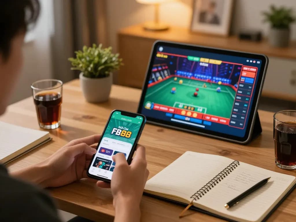 Player interacting with Nhà Cái FB88 app on smartphone in a cozy online gaming environment.