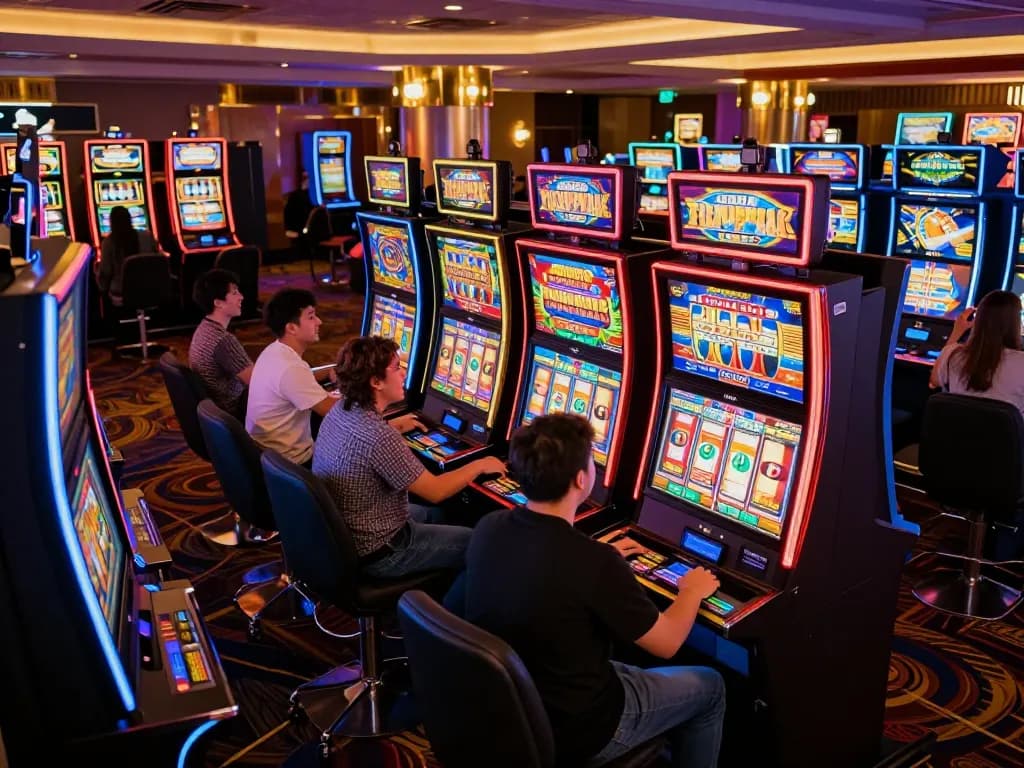 Players enjoying the excitement of the best widget store's slot machines, capturing bright digital displays and thrilling moments