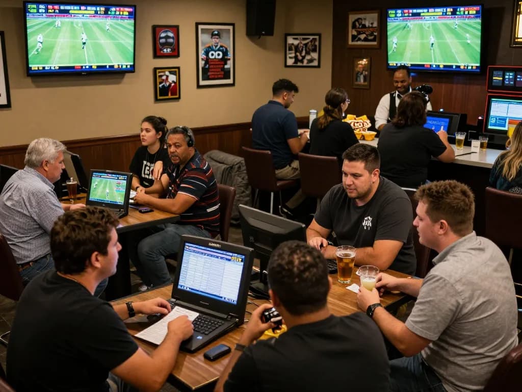 KQBD real-time sports betting excitement with patrons engaging and cheering in lounge