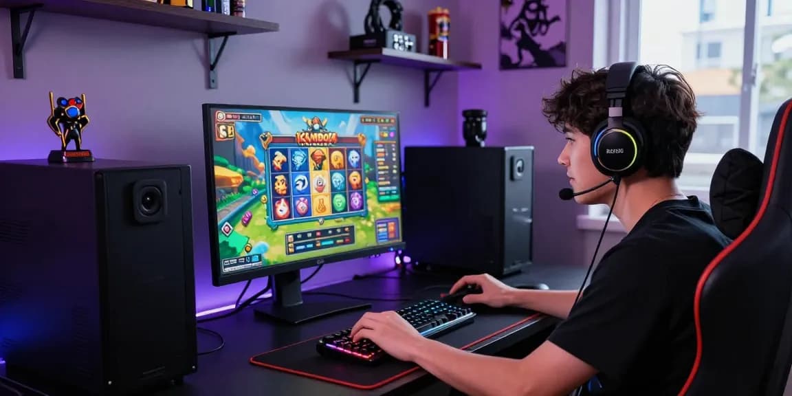Engaged player enjoying kamboja slot game at a vibrant gaming setup, showcasing immersive atmosphere and stylish gaming gear.