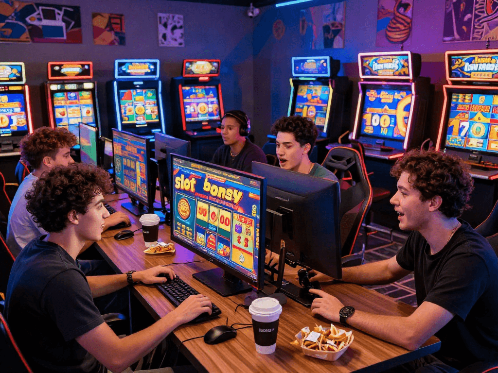 Excited friends discussing slot bonus new member 100 during an online gaming session.