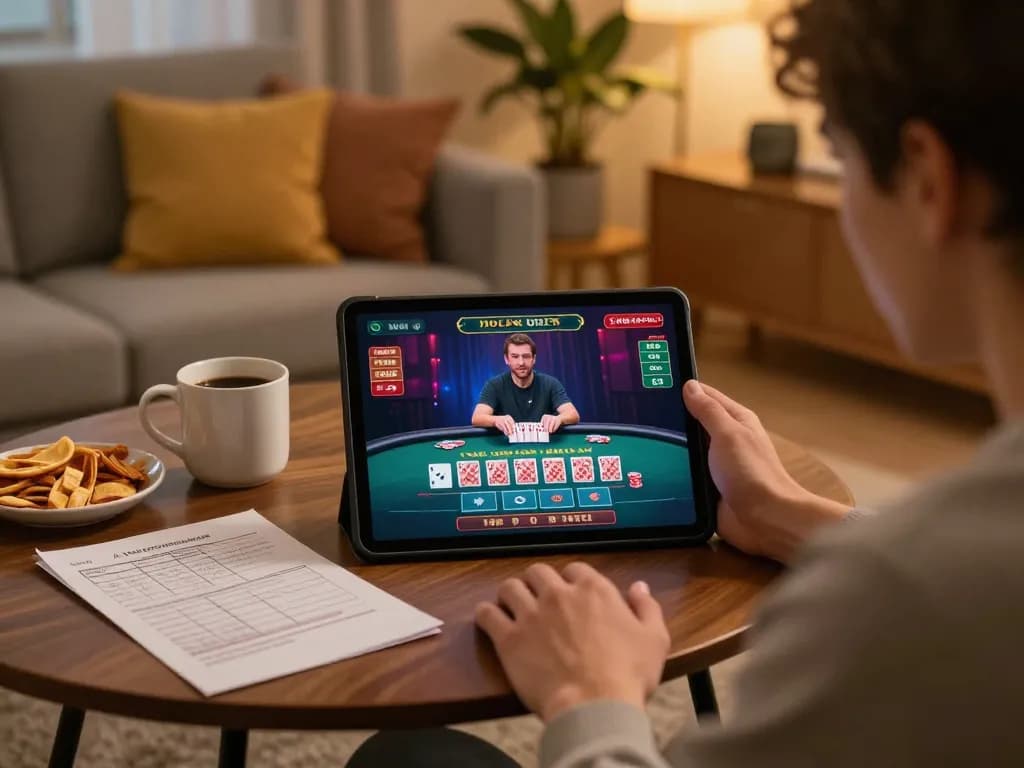 Engaging online blackjack gameplay at https://888vnd.bid/ with person focused on tablet in cozy home setting