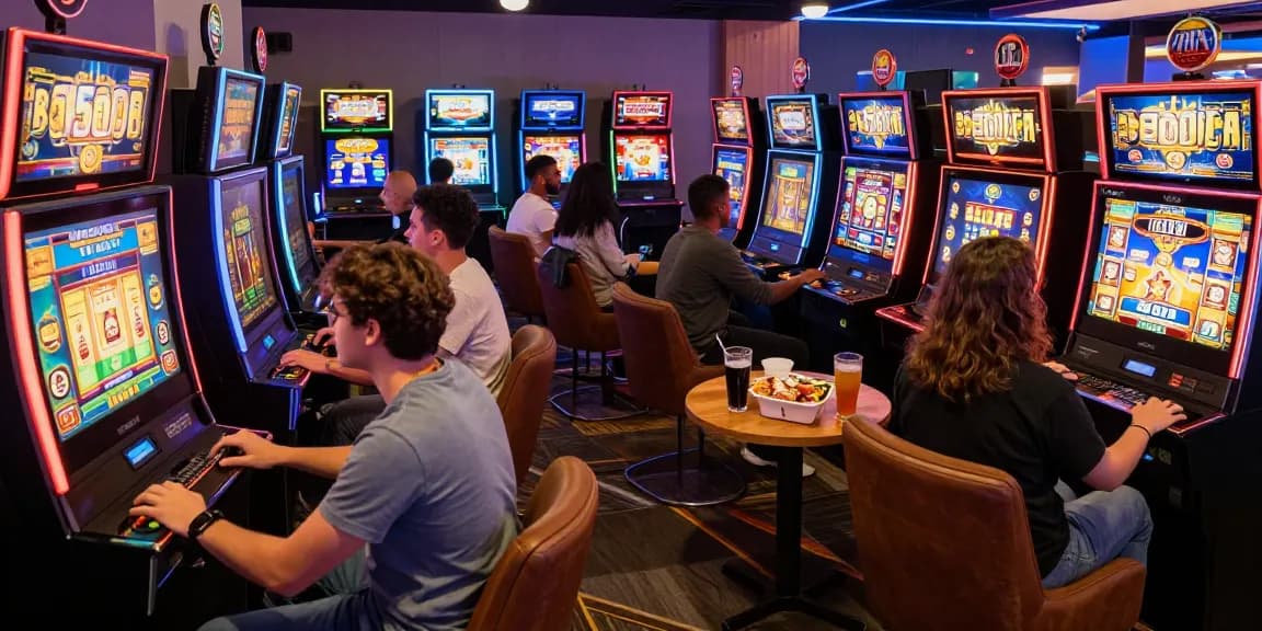 Players enjoying thrilling slot deposit 5000 games in a vibrant gaming lounge.