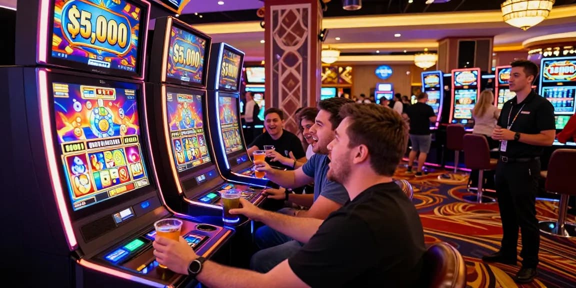 Slot 5000 high-stakes gaming scene with excited players at a vibrant casino slot machine.