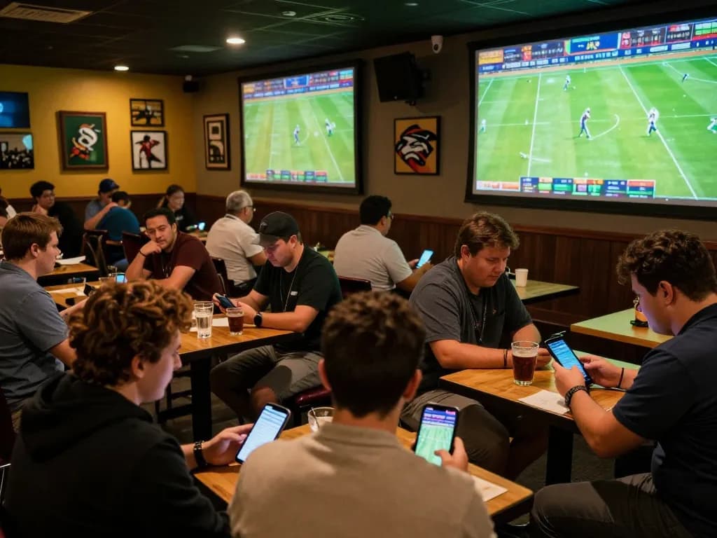 Fans actively placing bets on okwin during an exhilarating football match in a bustling lounge.
