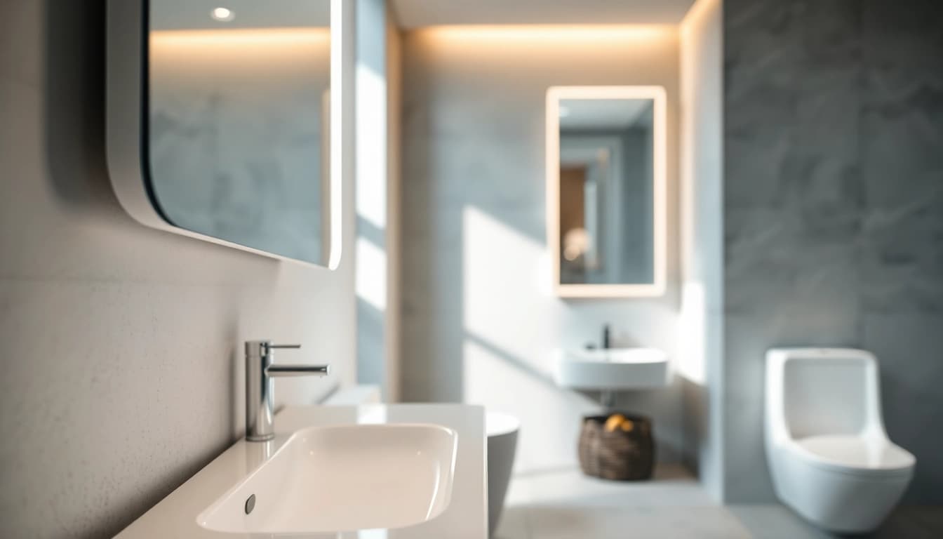 A stunning mirror light mirror enhancing a modern bathroom's elegant decor, reflecting warm ambiance.