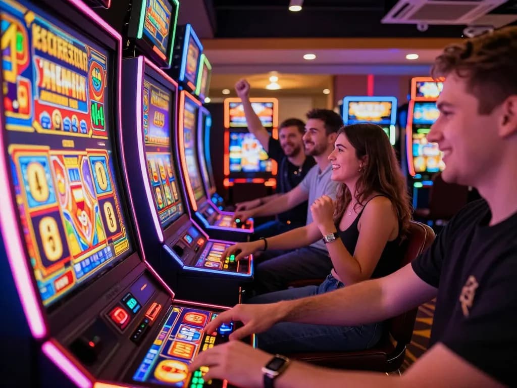 A player engaging with a situs slot machine, eagerly pressing the spin button in a lively casino atmosphere.