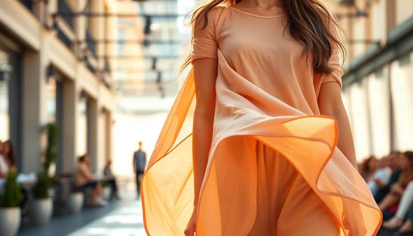 Showcasing a Rivelle clothing piece in an elegant urban setting with flowing design and quality craftsmanship.