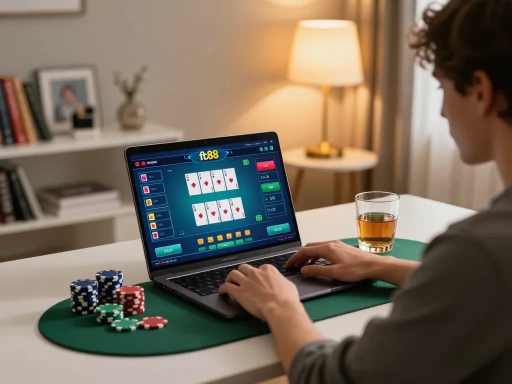Engaging in fb88 online poker gaming with dynamic screen interface and cozy home setup.