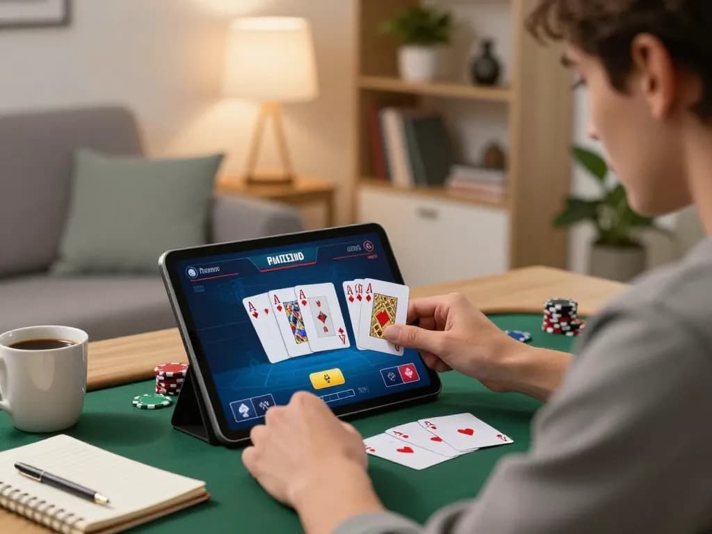 Experience strategic online poker with alexis77 in a cozy home environment while analyzing gameplay.