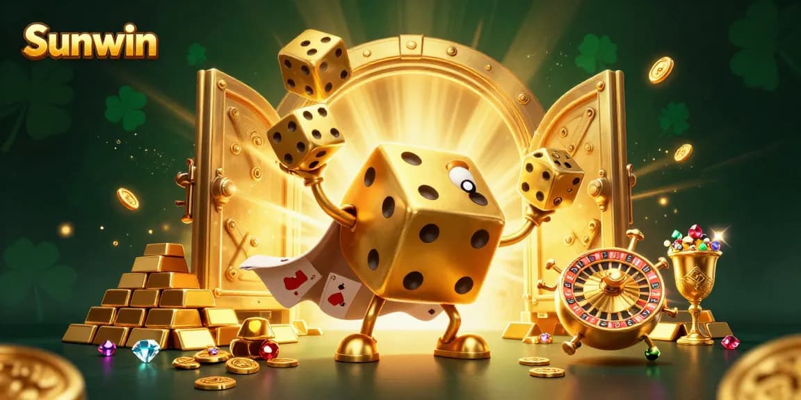 Experience thrilling gameplay at Sunwin with golden dice and treasure in an enchanting casino scene.