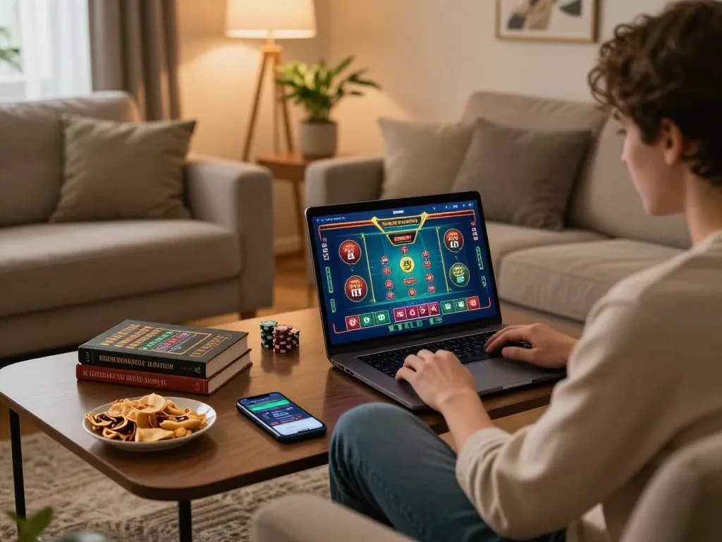 Engaging online casino gaming experience at home with five88, featuring a laptop and strategy books.