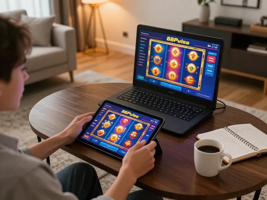 Pemain menikmati slot online 88Pulsa di tablet dalam suasana ruang tamu yang nyaman