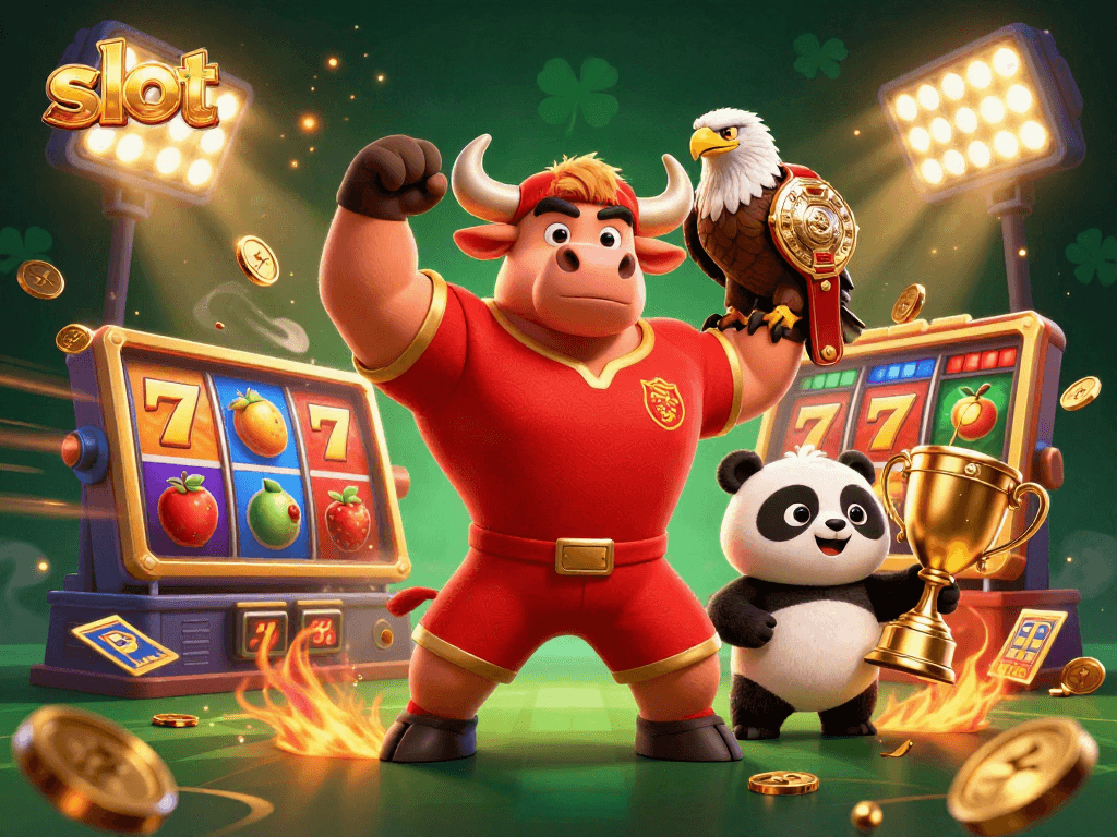Engage with slot machines action while a bull mascot celebrates with an eagle and panda.