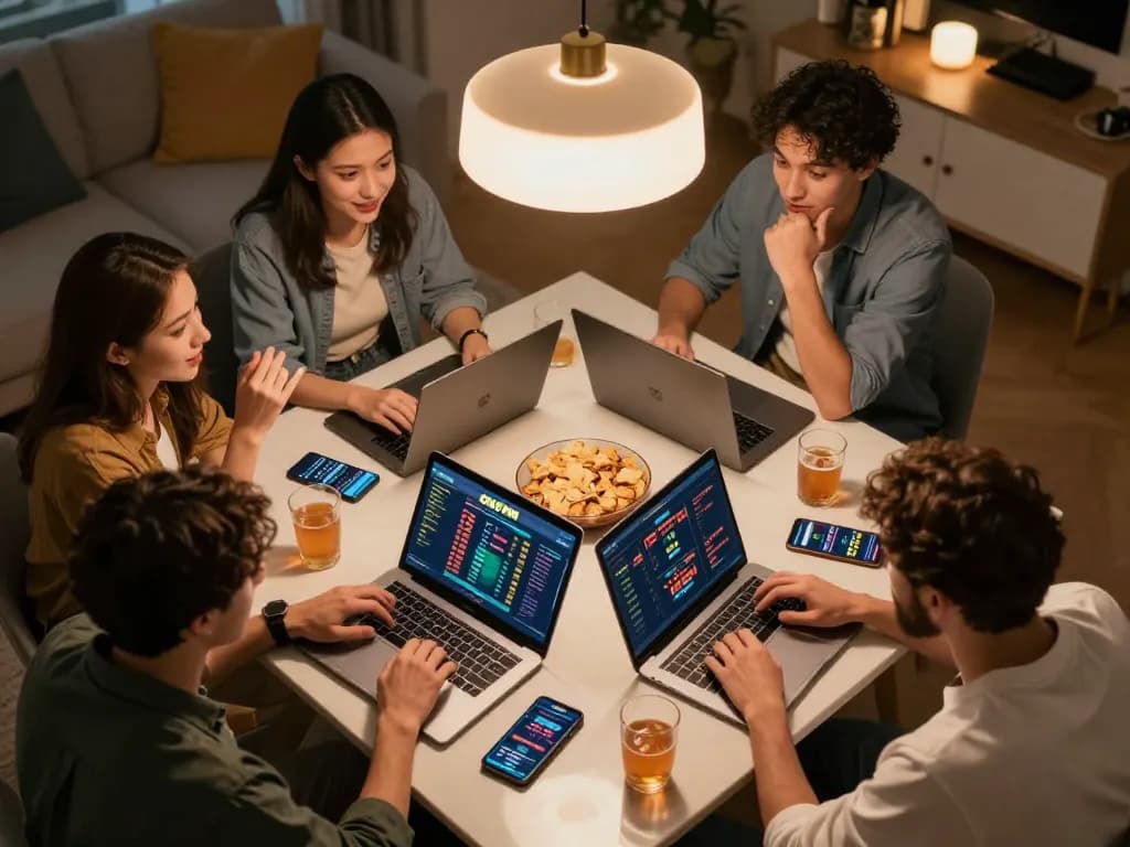 Friends placing bets on the OKFUN platform in a lively home setting, showcasing competitive sports betting.
