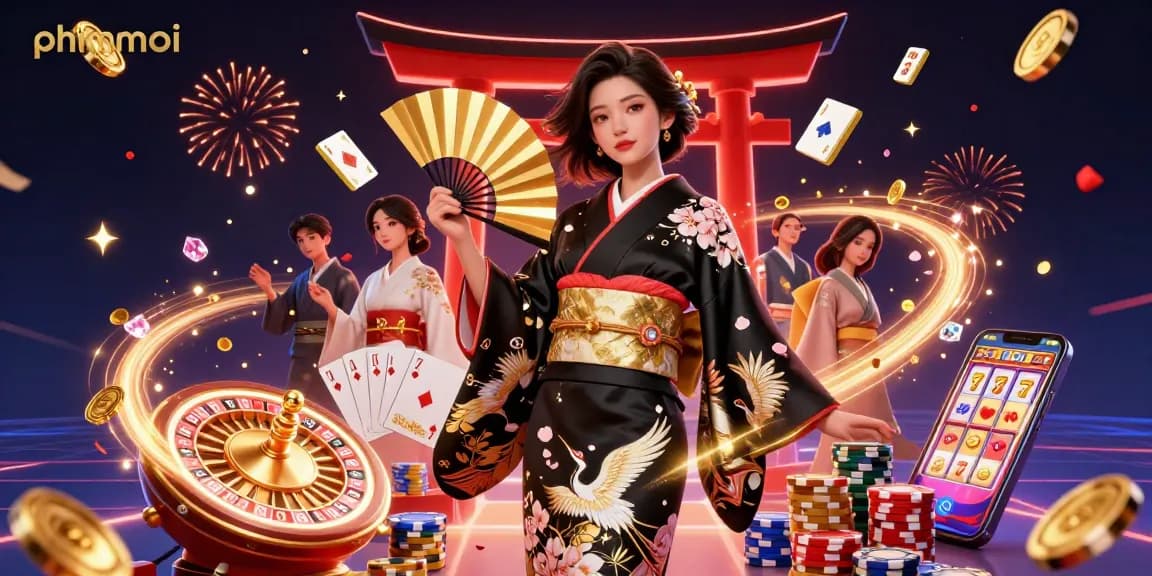 Play phimmoi with a dazzling Asian woman in a captivating casino scene featuring intricate elements.
