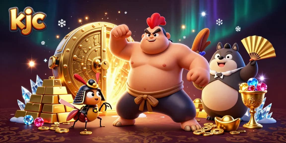 Engage in thrilling wins with KJC as the powerful sumo rooster stomps in a vibrant casino scene.