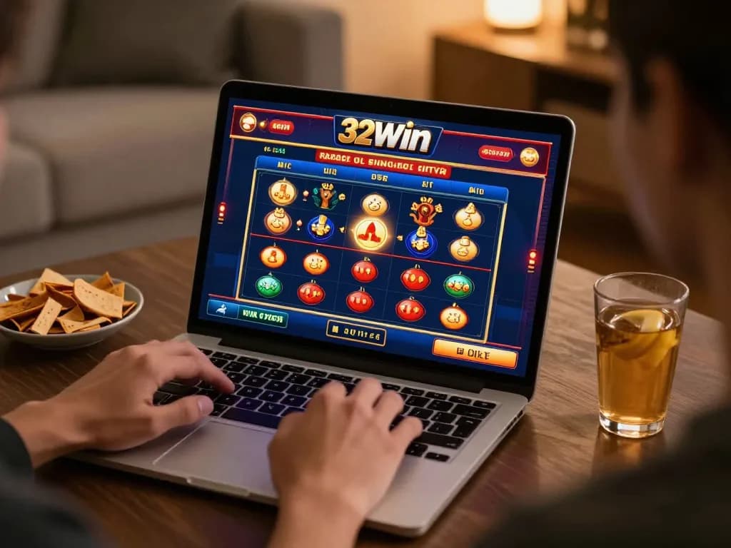 Playing on 32win casino site at home, enjoying online gaming experience with vibrant interface.