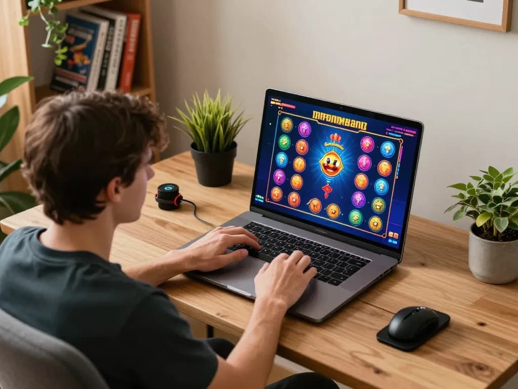 Pemain Bintangmpo menikmati permainan slot online di pengaturan rumah modern