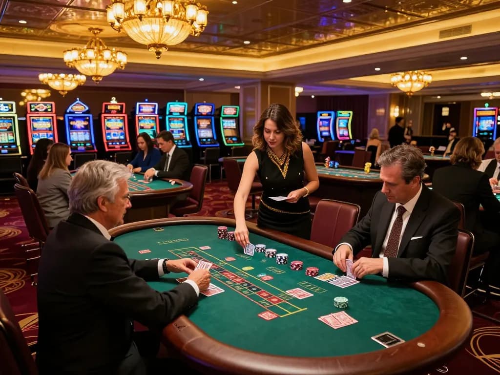 Players engaging at THABET blackjack tables under warm ambient lighting, highlighting strategic gameplay.