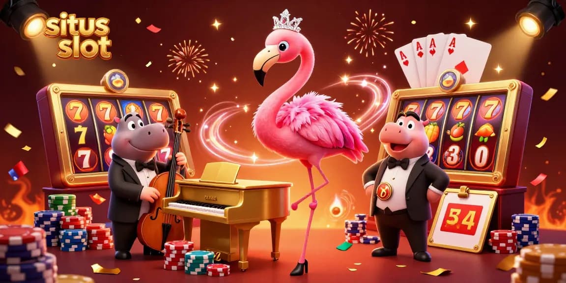 Menyusuri situs slot dengan keberuntungan, diiringi flamboyan flamingo dan bassis hippo, penuh simbol buah dan jackpot menyala.