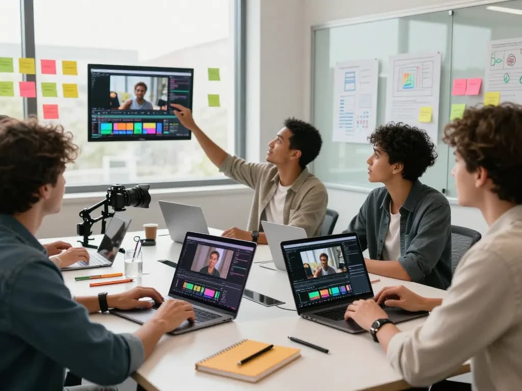 Creative team using video to prompt technology in a modern office environment.