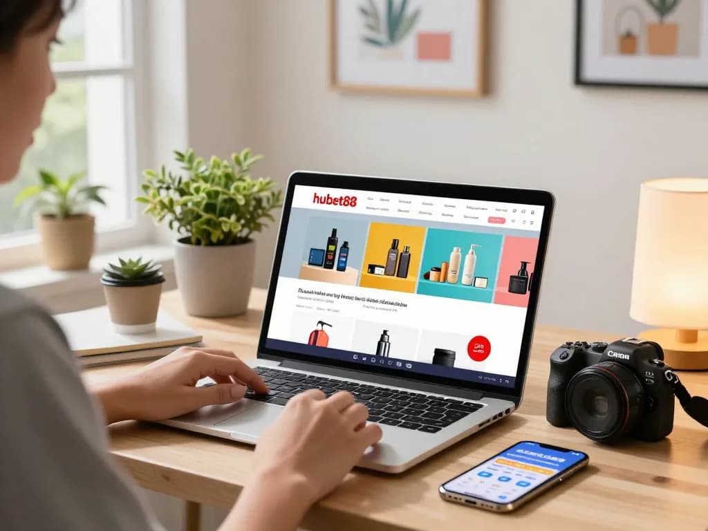 Discover exciting offers on hubet88 while shopping online in a vibrant home office setting.