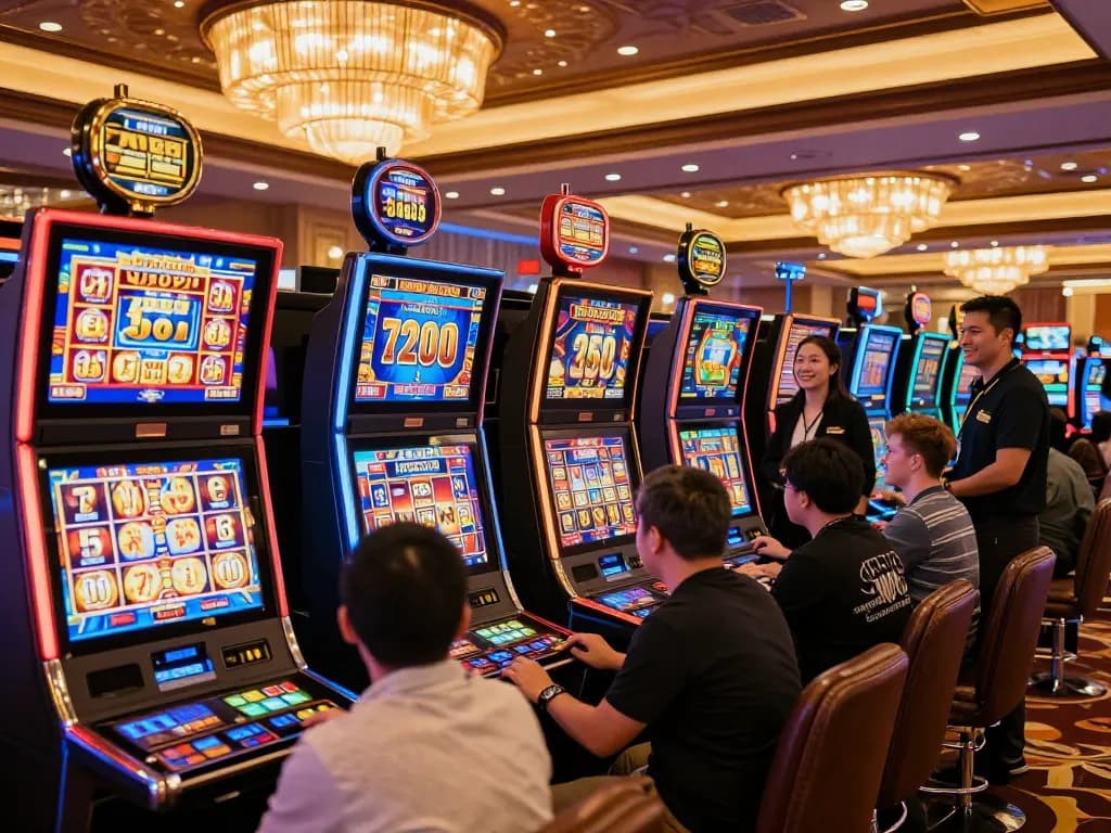 Players enjoying vibrant slot777 machines in a lively casino environment