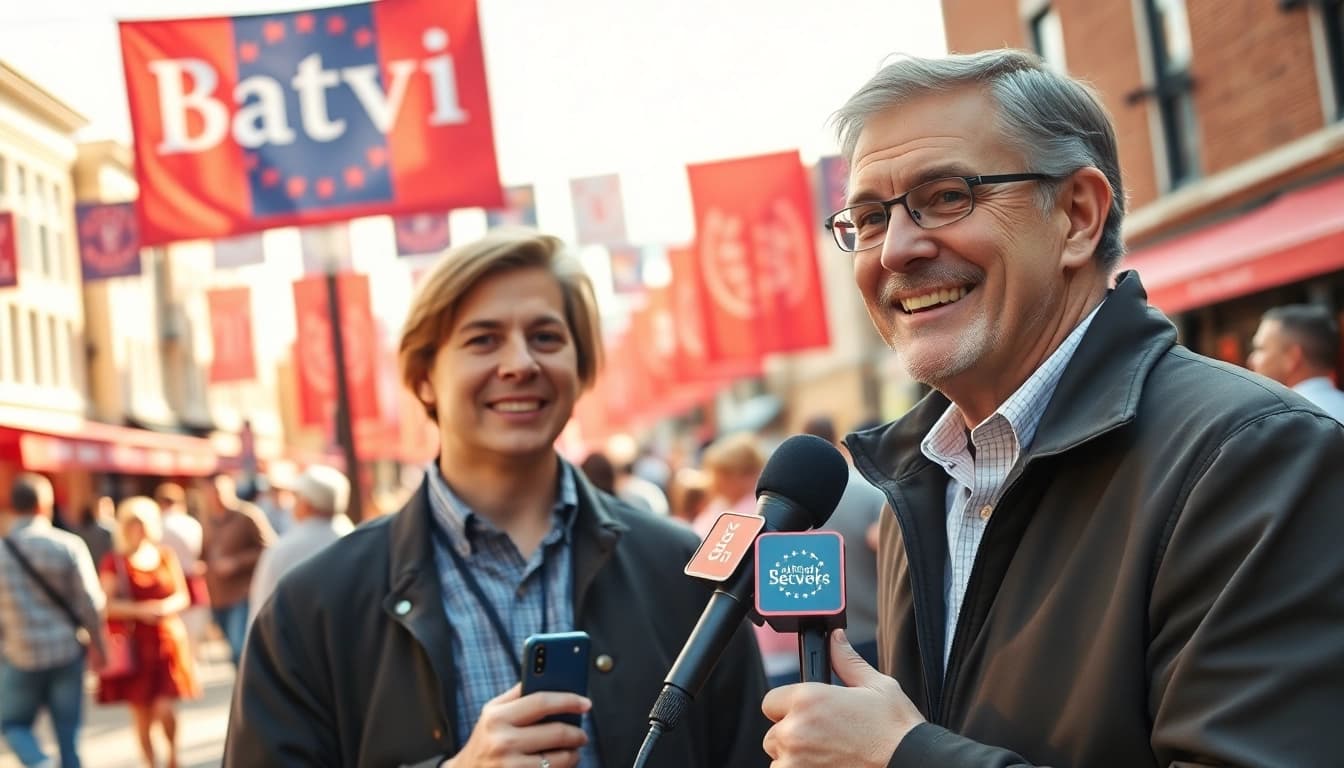 Capture a lively scene from https://www.thedailynewsonline.com, showcasing a reporter engaging the community.