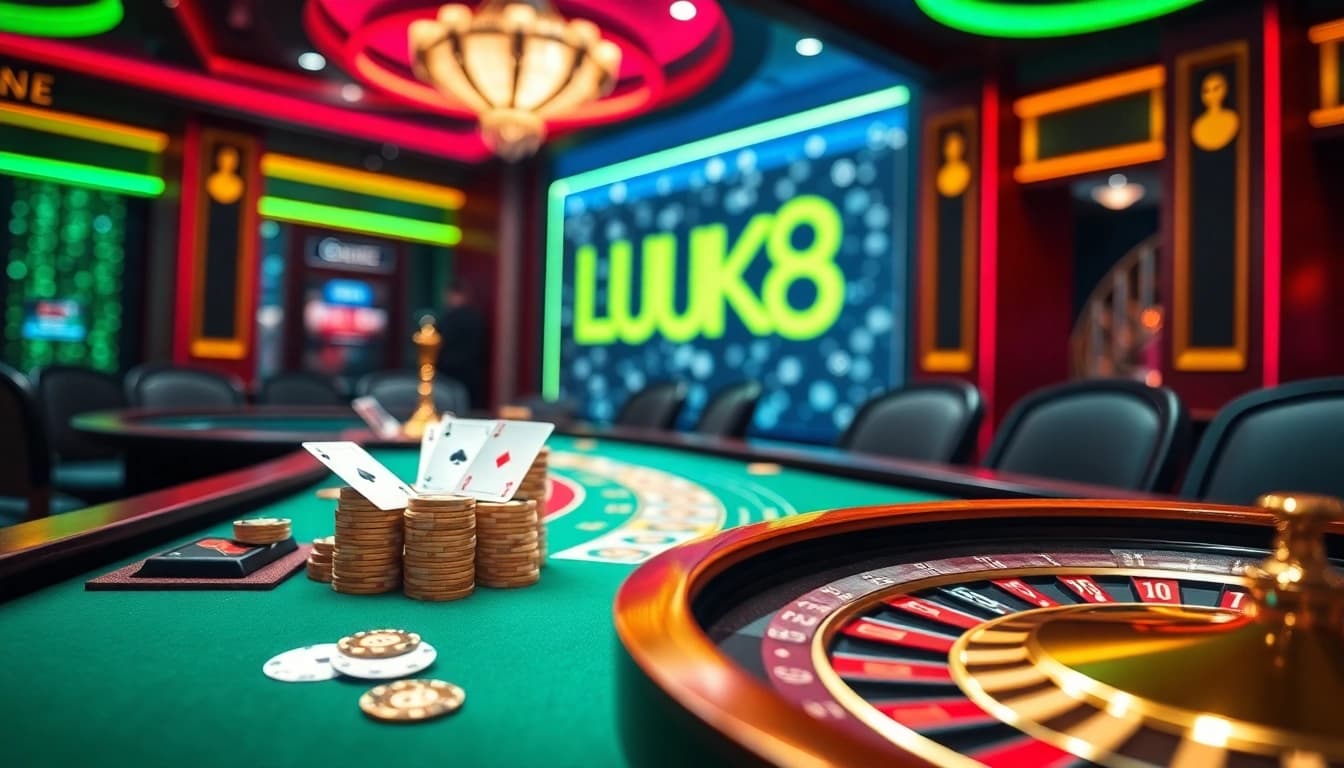 Engaging LUCK8 casino scene with vibrant colors, poker chips, and roulette wheel.