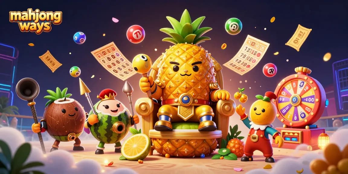 Bermain mahjong ways di kasino dengan karakter unik dalam ilustrasi kasino berwarna-warna cerah.