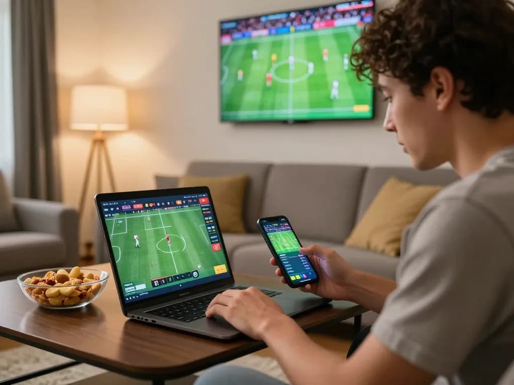 KQBD displayed prominently on a laptop while a person analyzes game statistics in a cozy home sports betting setup.