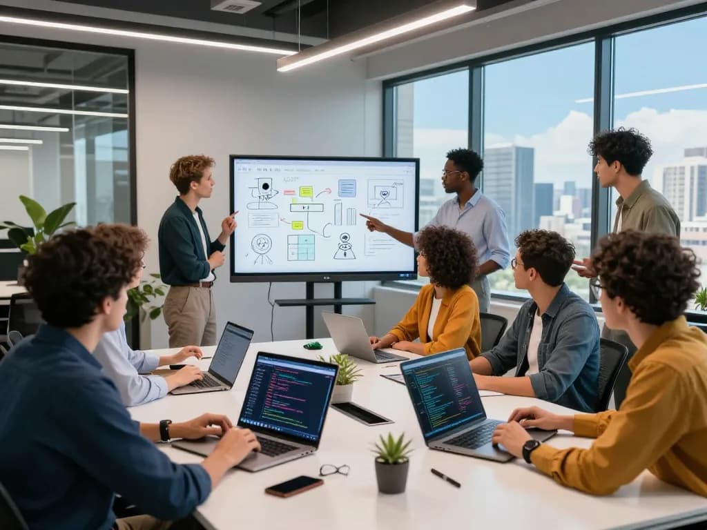 Collaboration in tech workspace exploring sex AI innovations, diverse professionals engaging with laptops and data visualizations.