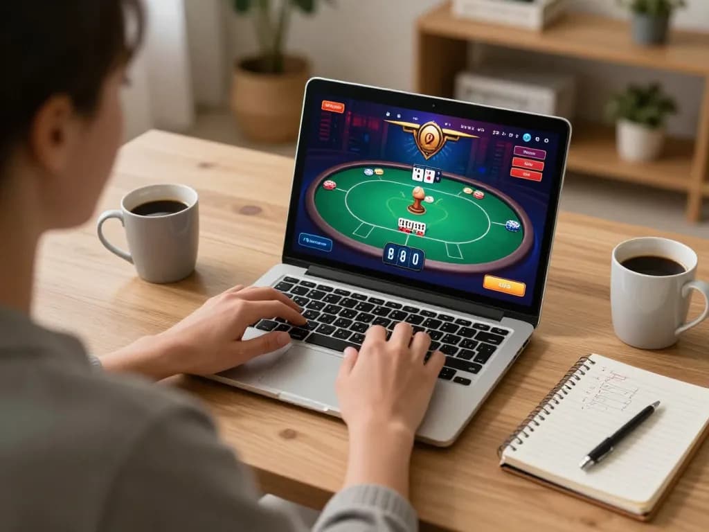 Player enjoying kp88 online poker game on laptop in cozy home environment with coffee and notes.