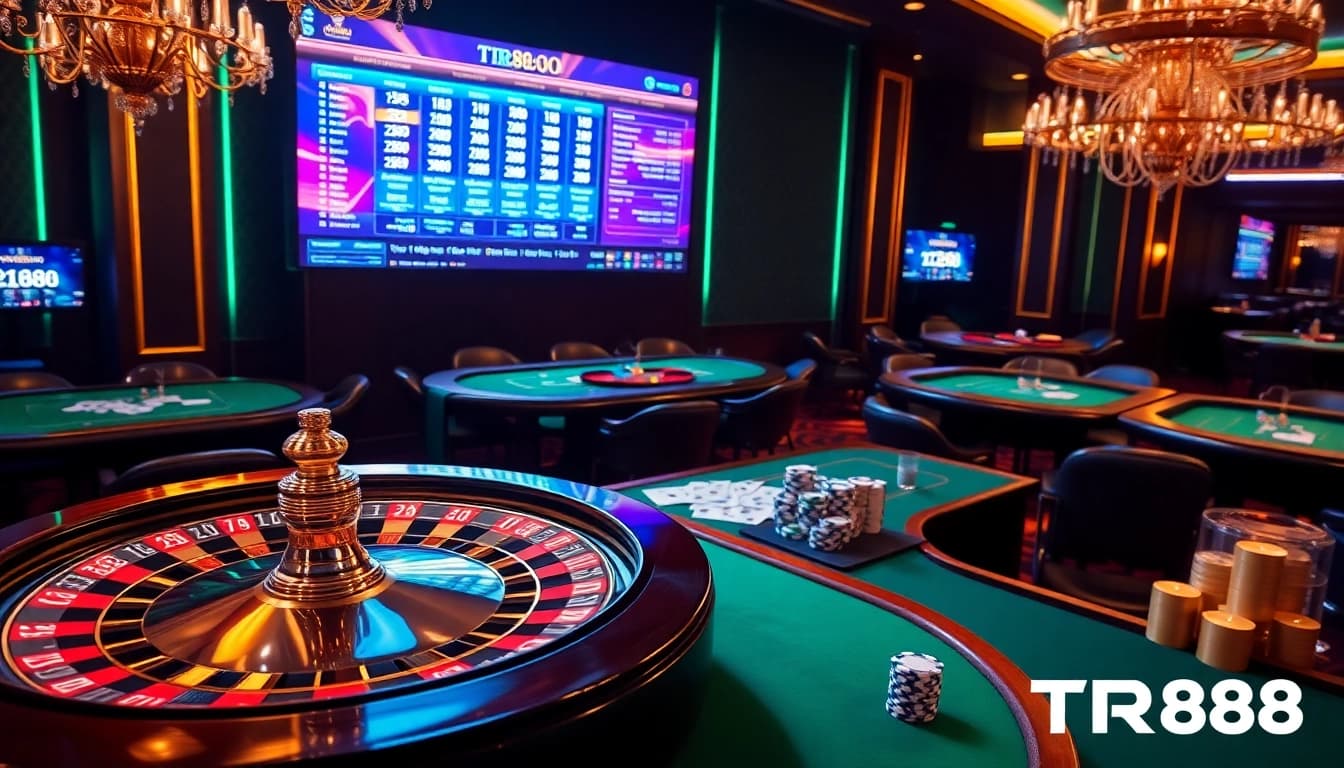 Experience thrilling betting action at TR88, with vibrant casino tables and spinning roulette wheels.