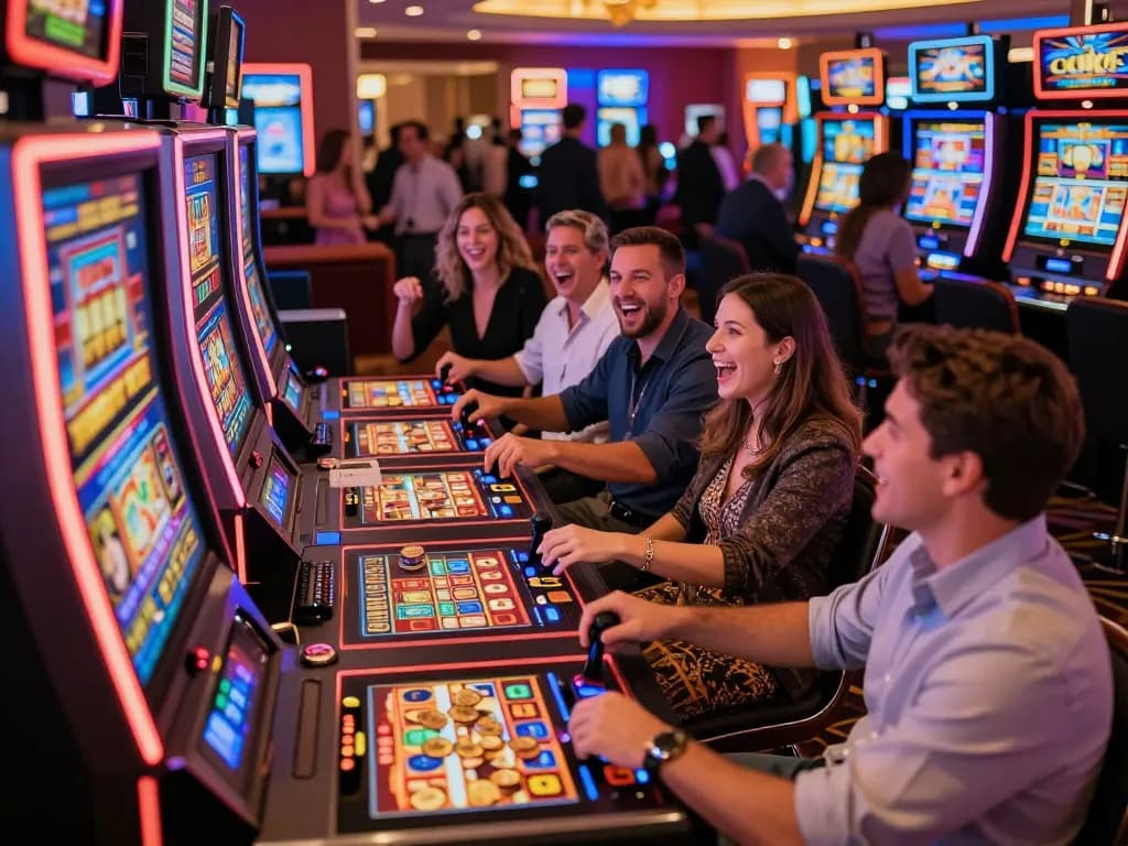 Players celebrating slot gacor wins at a vibrant casino machine area with colorful lights and joyful atmosphere.