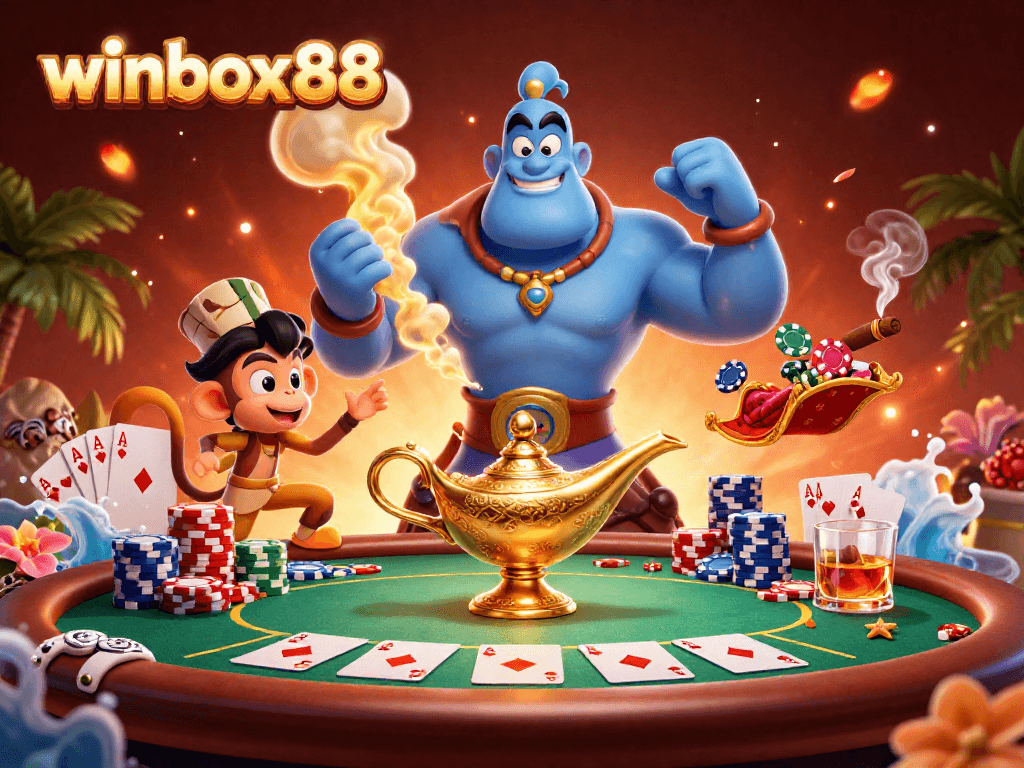 Engage with winbox88's thrilling casino moments through a vibrant illustration of a genie and magic carpet.