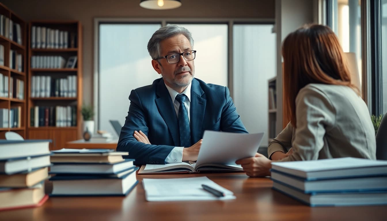 Engaged intellectual property lawyer consulting with clients in a modern law office.