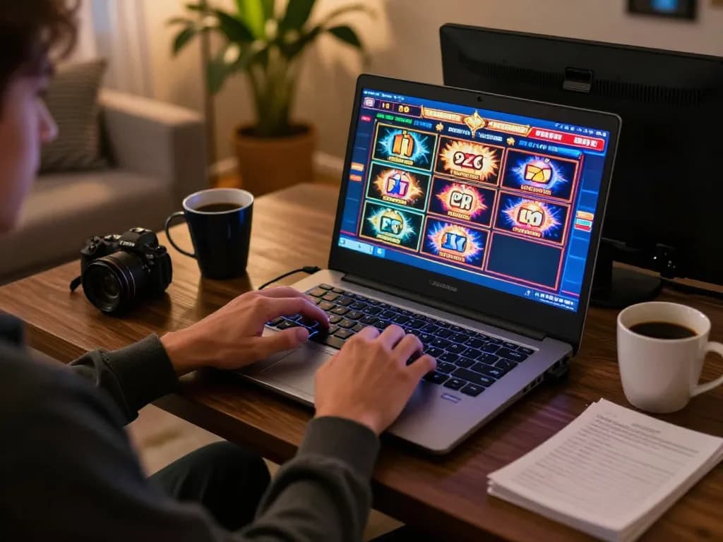 Engaging person playing online slots on laptop, experiencing thrilling moments with king garuda-themed games